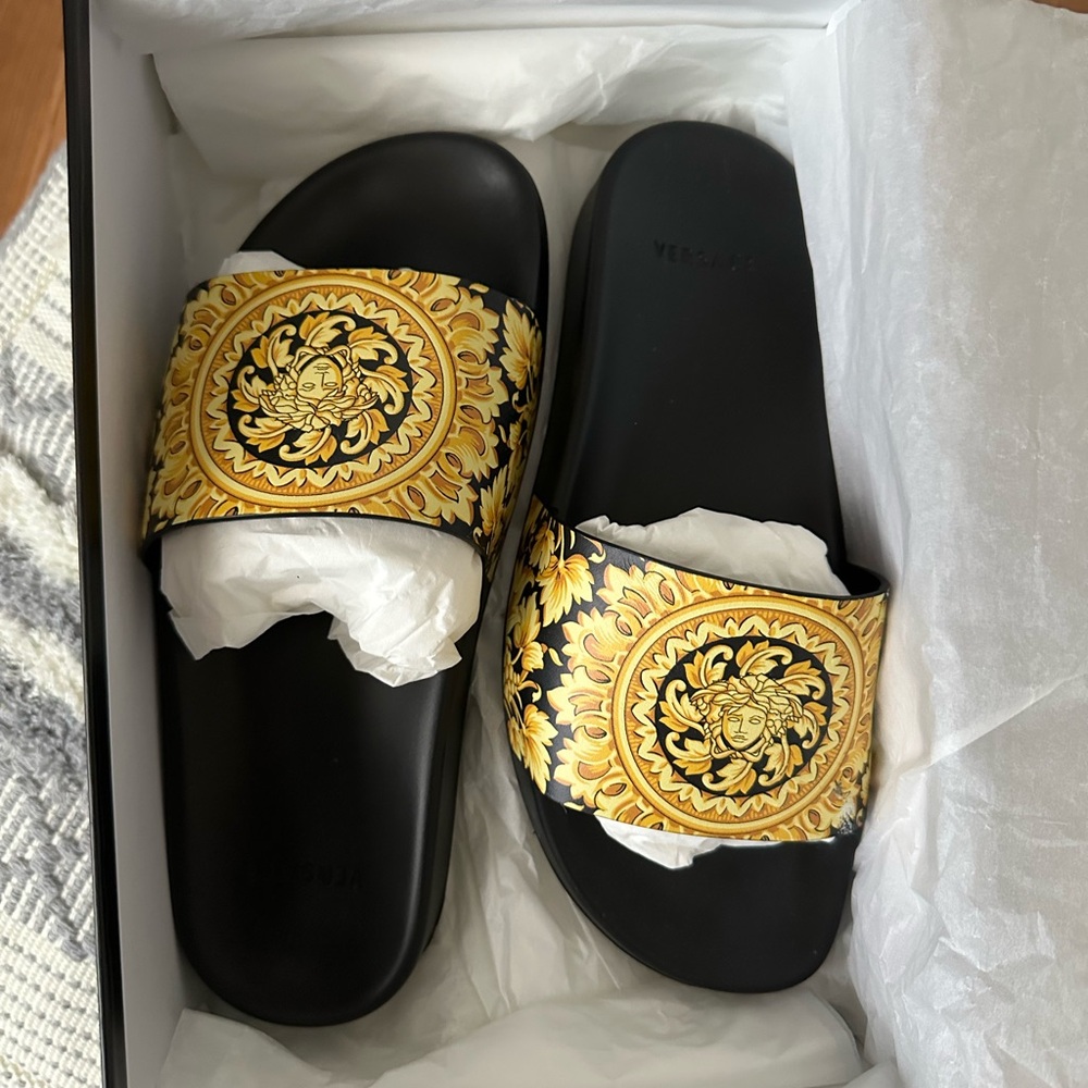 Versace Women's Black and Gold Slide Sandals